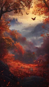 Autumn forest valley with red foliage and distant peaks.