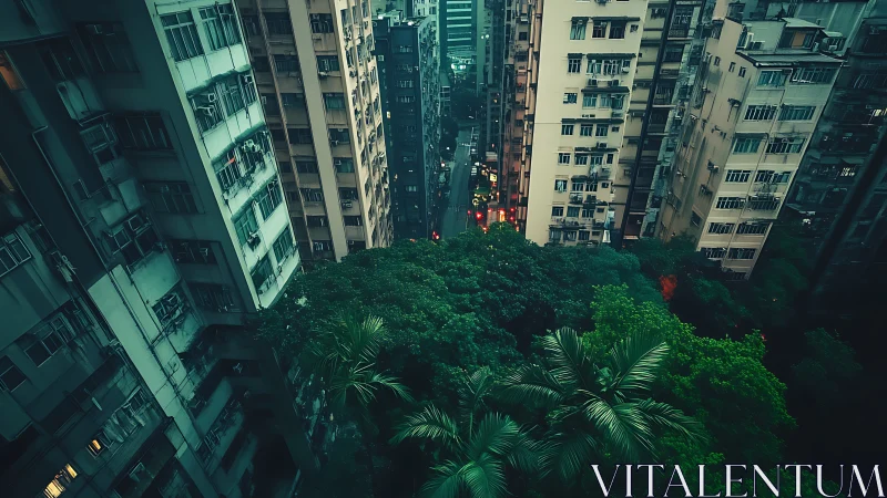 Urban canyon cradles secret jungle in teal evening hush.