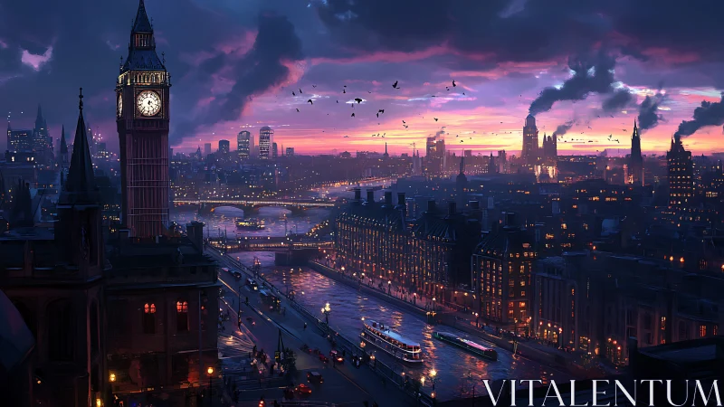 Nocturnal London riverscape with chromatic atmospheric lighting.