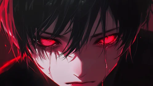 Crimson lit anime boy portrait with glowing tearful eyes