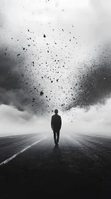 Solitary figure walks into exploding storm of fragments