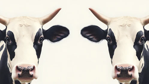 Symmetrical dual Holstein bovine portraits on neutral plane.