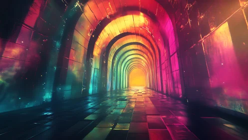 Luminous neon tunnel recedes toward distant glowing horizon