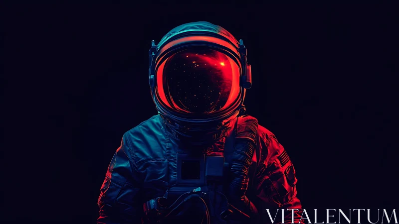 Solitary astronaut glows under neon red and blue rim light