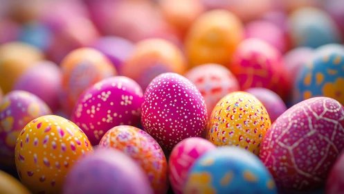 Colorful speckled Easter eggs glow in soft festive light.