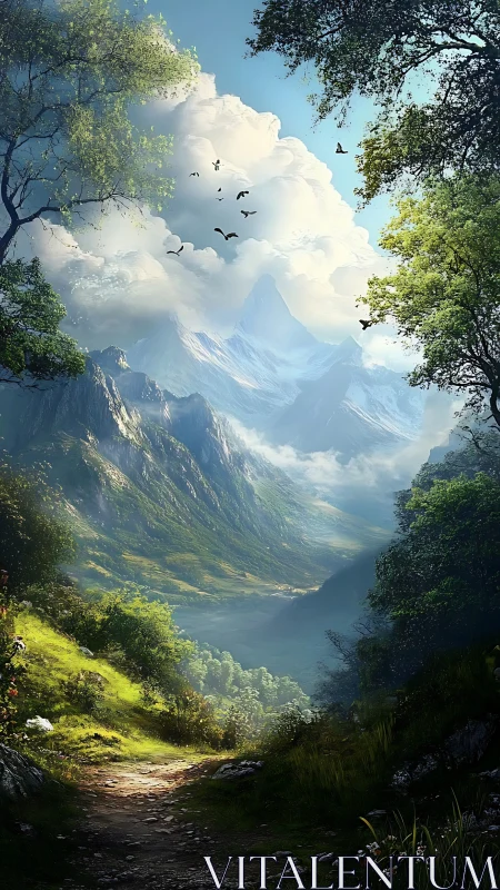 Sunlit forest path opening toward luminous alpine peaks.