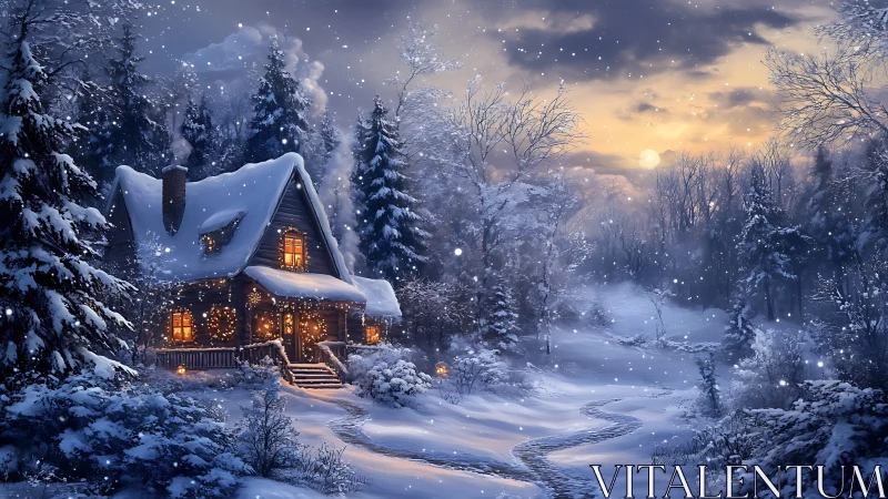 Snowy forest cottage glows warmly under a peaceful winter sky
