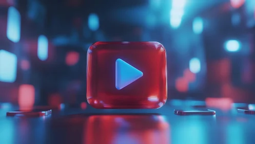 Futuristic 3D Play Button Icon in Neon Colors, Digital Art Style.