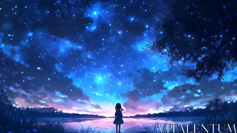 Girl stands by reflective lake under bright starry sky.