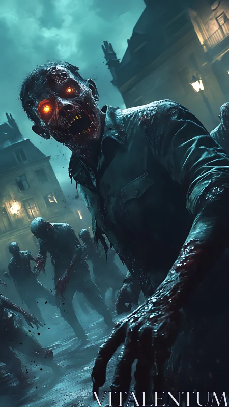 Glowing eyed zombie horde advances through foggy city street.