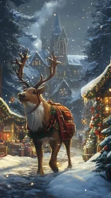 Majestic reindeer explores a snowy Christmas village street.