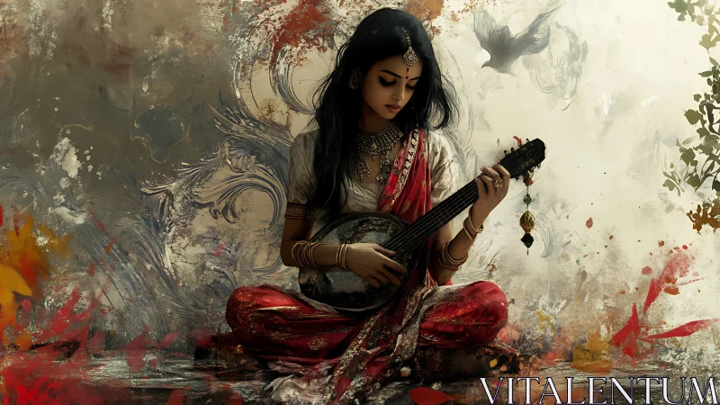 Woman in traditional attire plays string instrument seated