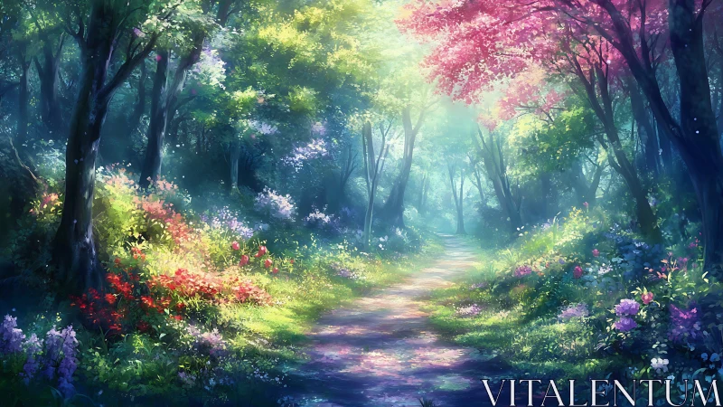 Enchanted Forest Path Through Blooming Trees and Soft Light