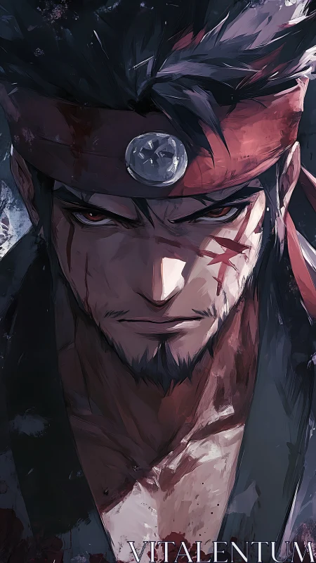 Battle-scarred warrior portrait in dramatic anime rendering.