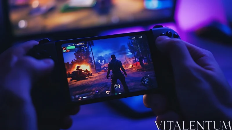 Handheld Gaming Device Displaying Post-Apocalyptic Action Sequence.