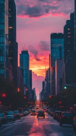 Neon dusk traffic slicing through mirrored city towers.