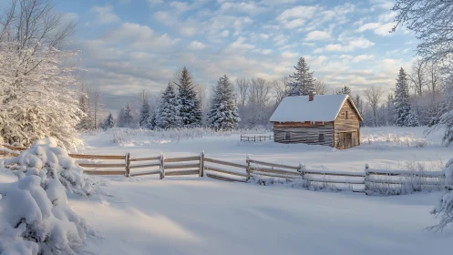 Snow-covered wooden cabin and fence in a winter landscape