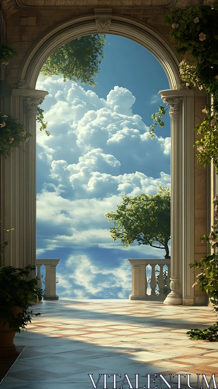 Mediterranean colonnade framing luminous ocean cloudscape.
