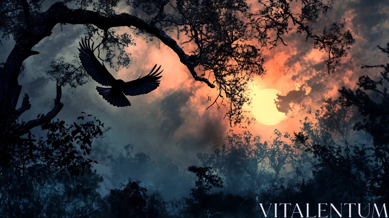Silhouetted bird crosses dense forest canopy at vivid sunset