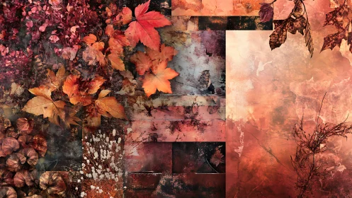 Layered autumn foliage collage with textured warm patina.