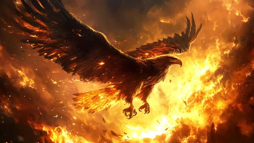 Majestic Fire Eagle Soaring Above Flames in Fantasy Art Style.