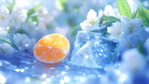 Citrus slice and ice cube in bright blue floral scene.
