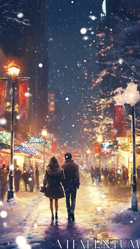 Couple strolls through snowy city street under warm lights.