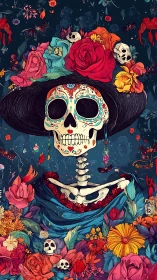 Calavera muse blooms beneath a river of riotous flowers.