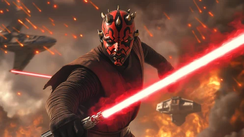 Sith warrior ignites twin lightsaber amid burning battlefront