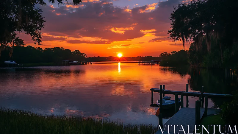 Radiant river sunset illuminates tranquil wooden dock scene.