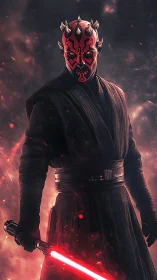 Red masked warrior with horns holding glowing energy weapon.