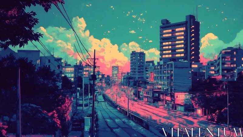 Neon lit city street under vivid cyan and pink sky.