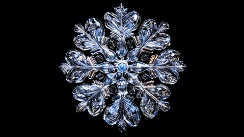 Crystal snowflake macro glows against deep black void
