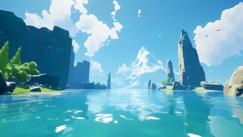 Crystalline Alpine Fjord with Towering Rock Formations and Snow-Capped Peak.