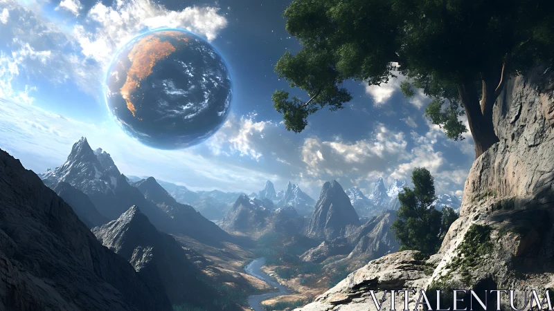 Planetary vista reveals dramatic alien mountain river valley