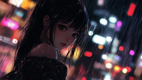 Neon rain falls as a lone anime girl turns in quiet defiance