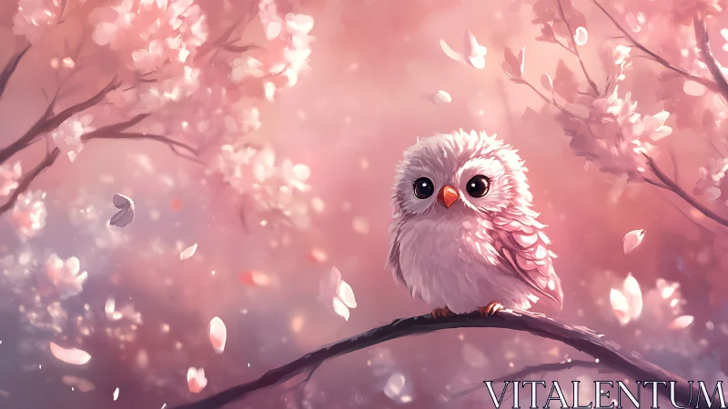 Cute Fluffy Owl on Cherry Blossom Branch, Dreamy Pastel Art.