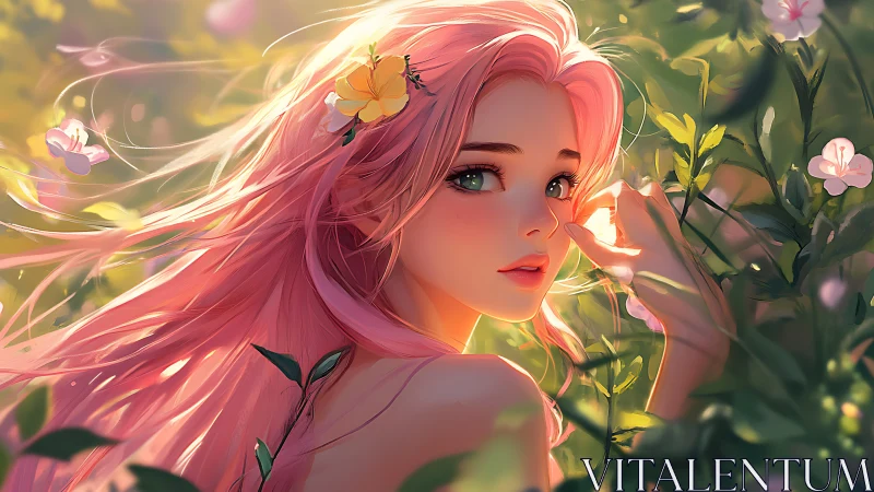 Backlit pink-haired girl rendered with soft-focus floral bokeh