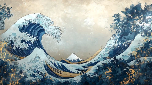 Golden-edged great wave framing distant Mount Fuji panorama.