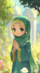 Gentle girl in green hijab smiles softly in a sunlit garden
