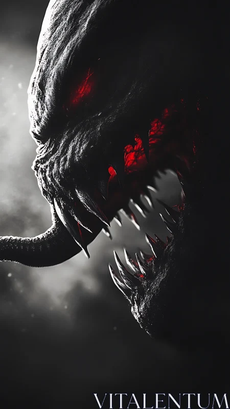 Demonic alien creature with red eyes, tongue, and fanged maw.