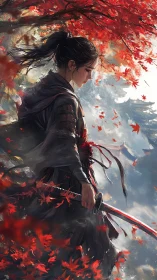Autumn-blade ronin pauses beneath a storm of crimson leaves.