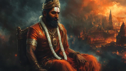 Seated royal figure before burning ancient city in flames.