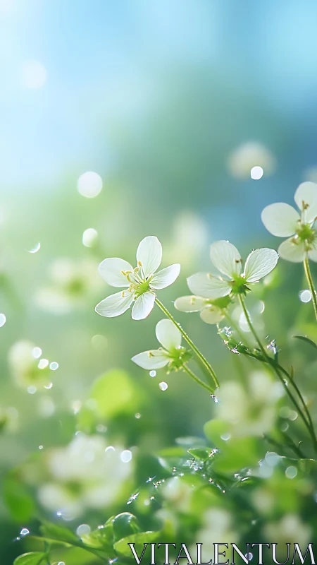 White flowers with dew drops in soft-focus garden.
