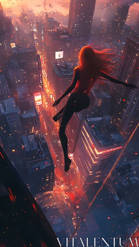 Backlit figure suspended above neon-drenched dusk metropolis