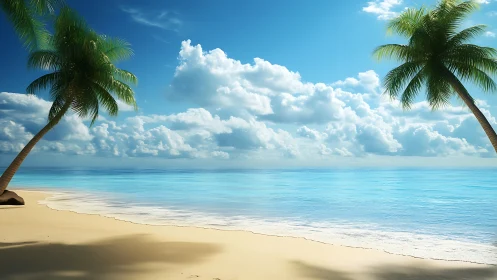 Tropical Beach Scene with Palms and Clear Waters.