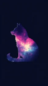 Cosmic canine silhouette glowing with dreamy galaxy light.