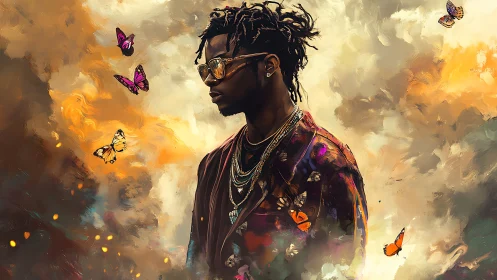 Portrait of urban figure with butterflies in painterly clouds