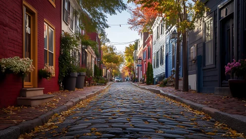 Low-angle cobblestone streetscape with chromatic rowhouses at dusk.