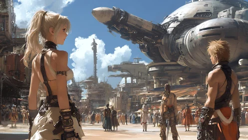 Futuristic plaza scene with spacecraft and armed figures.